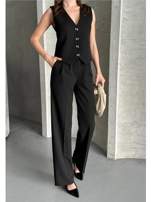 Vesantia 2'li Kadın Siyah Kurdele Düğmeli Yelekli Blazer Takım