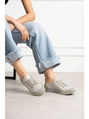 Shoetek Sawex Kadın Sneakers  Bağcıklı Taşlı Spor Ayakkabı Gri Deri