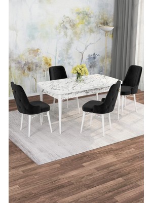 Asaella Mobilya Jusie Beyaz Mermer Desen 80X132 Açılabilir Sunta Masa Yemek Odası Takımı, Mutfak Takımı 4 Sandalye