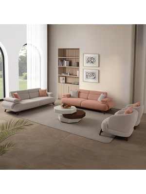 Eymense Bonjo Sırt Mekanizmalı Ceviz Kasalı Koltuk Takımı 3+3+1+1 Pudra