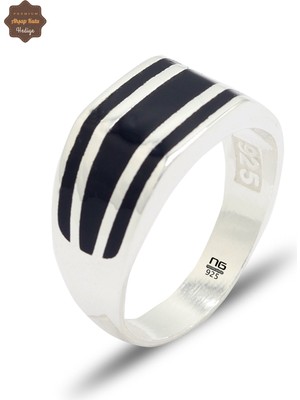 Midyat Nurtaş Gümüş Siyah Çizgi Mineli Model 925 Ayar Gümüş Erkek Yüzük 201025442