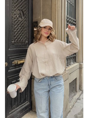 la & vetta Bej Keten Karışımlı Oversize Gömlek