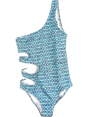 Look Me Geometrik Retro Halka Desenli Asimetrik Kesim Yanları Üçlü Pencere Detaylı Kız Çocuk Mayo