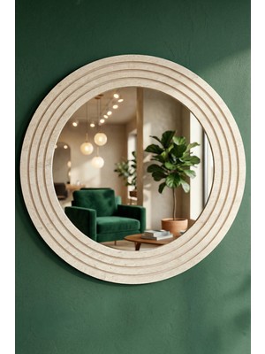 Montesev Antik Ahşap Traverten Dekoratif Ayna Banyo Lavabo Aynası Yuvarlak Ayna Duvar Aynası