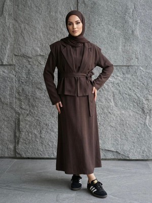 Miostil Yelekli Ikili Elbise-Kahve