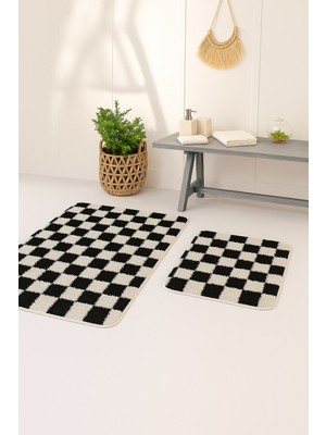 Eurobano Chess Dama Desen 2'li Banyo Paspası Kemik-Siyah 60X100 60X50 cm Yıkanabilir Lateks Kaymaz Taban
