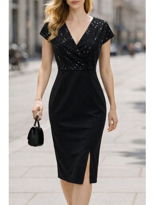 Stelol Kadın Kısa Kollu Kruvaze Yakalı Işıltı Detaylı Midi Ithal Krep Elbise