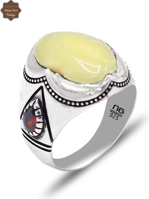 Midyat Nurtaş Gümüş Yakut Taşlı Süslemeli Damla Kehribar Taşlı Erkek Gümüş Yüzük 201025437