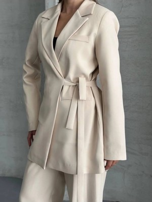 Vesantia Kadın Taş Rengi Bağlamalı Blazer Pantolon Takım