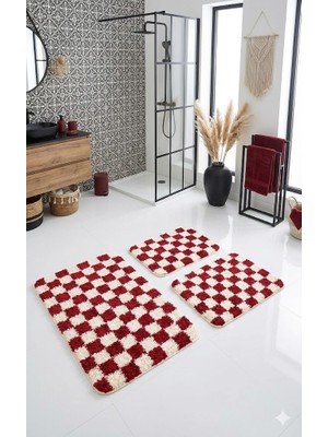 Eurobano Chess Dama 3'lü Banyo Paspası Kemik-Kırmızı 80X50 50X40 50X40 cm Yıkanabilir Lateks Kaymaz Taban