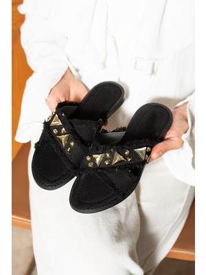 Dabab Shoes Helıa Kadın Gold Taş Detaylı Hasır Dokulu Fraseli Düz Terlik