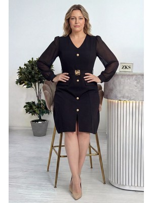 The Zks-Kadın Siyah V Yaka Midi Boy Gold Düğmeli Büyük Beden Elbise