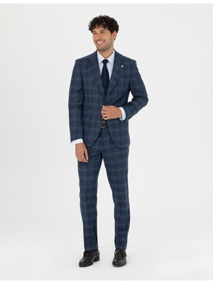 Pierre Cardin Erkek %100 Yün Ekose Lacivert Ekstra Slim Fit Takım Elbise 50273458-VR033