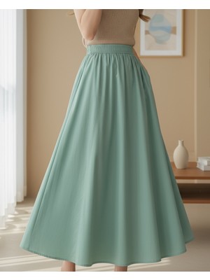 Modamorfo Beli Lastikli Çift Cepli Poplin Kloş Etek   -Çağla Y.