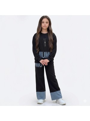 HaanBebe Kız Çocuk Siyah Taş Işlemeli Mıumıu Yazılı Ikili Takım - Kot Detaylı Sweatshirt ve Pantolon Seti