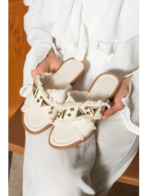 Dabab Shoes Helıa Kadın Gold Taş Detaylı Hasır Dokulu Fraseli Düz Terlik