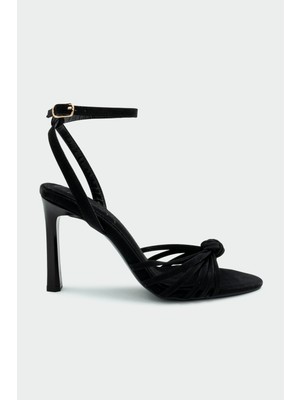 Laminta Waster Düğüm Detaylı Kadın Siyah Topuklu Ayakkabı