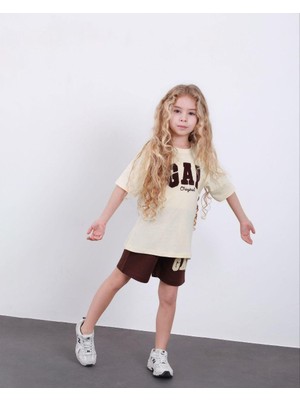 Cg Kids Krem Kahve Süzüne Nakışlı Kız Çocuk Tshirt & Şort Alt Üst Takım Süper Kalite