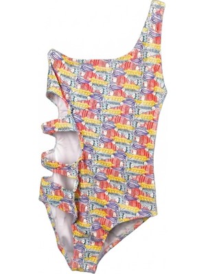 Look Me Çok Renkli Balık Illüstrasyon Desenli Asimetrik Kesim Yanları Üçlü Pencere Detaylı Kız Çocuk Mayo