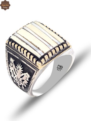 Midyat Nurtaş Gümüş Tuğra ve Sancak Motifli Orijinal Fil Dişi Taşlı Erkek Gümüş Yüzük 201025429