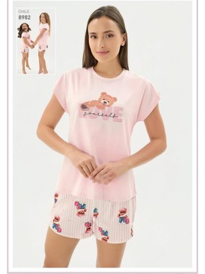 Sevim 17538 Pembe Love Ayıcıklı Şort Takım 'anne Kız Kombin Yapılabilir'