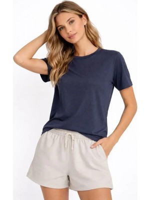 Pileli Store Pilelistore- Osy Modal Yumuşak Dokulu Kumaş Bisiklet Yaka T-Shirt - Indigo