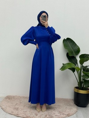 Moda Morfo Uzun Manşetli Belden Bağlamalı Saten Balon Kol Elbise   -Saks