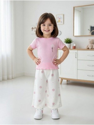 Cg Kids Pamuklu Fitilli Nakışlı Tshirt & Müslin Çiçek Nakışlı Ispanyol Paça Pantolon Süper Kalite