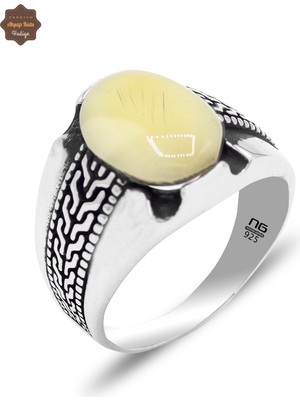 Midyat Nurtaş Gümüş Örgü Motifli Damla Kehribar Taşlı Erkek Gümüş Yüzük 201025439