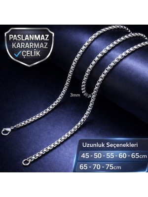 Voyage Accessory Farklı Ölçü Seçenekleri ile  / 3mm Kararmaz  Paslanmaz Çelik Box Erkek Zincir Kolye