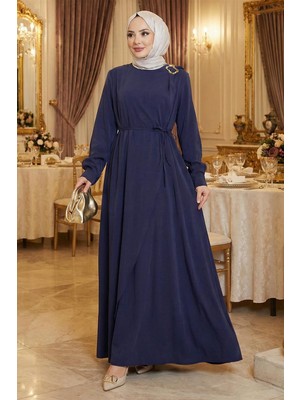 Büyük Beden Toka Detaylı Bağlamalı Tesettür Elbise Lacivert HM2887-2