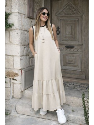 Qimya Butik Kadın Eteği Şifon Ribanalı Kolsuz Elbise