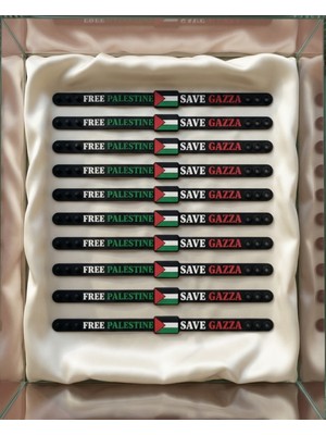 Zaytoon 10\'lu Filistinli \"save Gazza\" Siyah Kokolu Lastik Ayarlanılabilir El Bileklik A300070-10