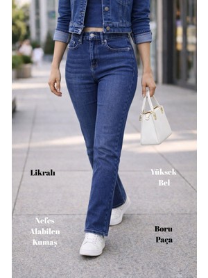 Cedy Denim Kadın Boru Paça Yüksek Bel Regular Fit Esnek Kumaşlı Pantolon 04G-Mavi Nefes Alabilen