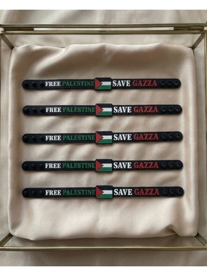 Zaytoon 5\'li Filistinli \"save Gazza\" Siyah Kokolu Lastik Ayarlanılabilir El Bileklik A300070-05