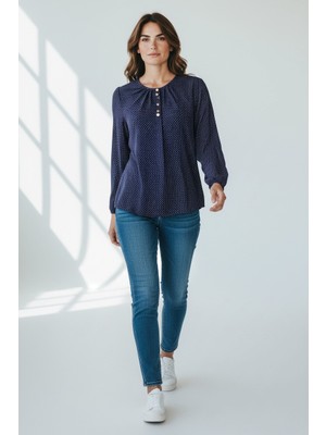 Ece Giyim Kadın Puantiyeli Bisiklet Yaka Kol Ağzı Lastikli Kapalı Düğme Detaylı Penye Bluz