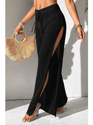 Yuga Knitting Kadın Triko Ajur Desenli Rahatşık Yazlık Yırtmaç Detaylıpantolon Plaj Elbisesi Pareo