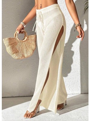 Yuga Knitting Kadın Triko Ajur Desenli Rahatşık Yazlık Yırtmaç Detaylıpantolon Plaj Elbisesi Pareo