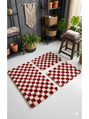 Eurobano Chess Dama Desen 3'lü Banyo Paspası Kemik-Kırmızı 60X100 60X50 60X50 cm Yıkanabilir Lateks Kaymaz Taban