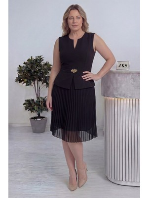 The Zks-Kadın Büyük Beden Siyah Piliseli Peplum Kemerli Midi Abiye