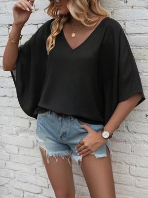 Zenvia Kadın Kısa Kollu V Yakalı Salaş Viskon Bluz