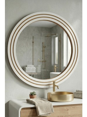 Montesev Antik Ahşap Beyaz Dekoratif Ayna Banyo Lavabo Aynası Yuvarlak Ayna Duvar Aynası