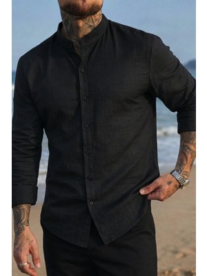 Tarz Cool Erkek Regular Hakim Yaka Keten Görünümlü Gömlek