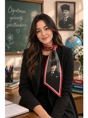 Asya Bayrak Siyah Atatürk Baskılı ve Imzalı Fular-Kravat