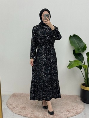 Moda Morfo Kırçıllı Belden Büzgülü Elbise -Siyah