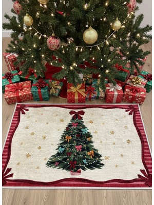 Brillant Yılbaşı Temalı Kapıönü Ağaç Altı Paspası Bej-Kırmızı (60X90)