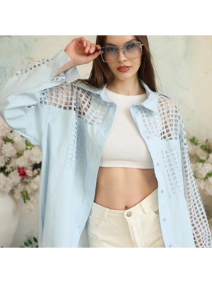Hopeful Design Kadın Gömlek File Detaylı Oversize Mavi ve Pembe