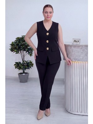 Zks Grup Tekstil-Kadın Büyük Beden Siyah Yelek Pantolon Takım