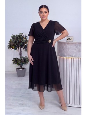 Thezkscom-Kadın Büyük Beden Kruvaze Broş Detaylı Şifon Midi Abiye Bordo, Siyah