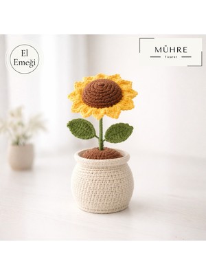 Mühre Saksıda Ayçiçeği Demeti Hediyelik %100 Pamuklu Organik Amigurumi Örgü Doğumgünü Hediye